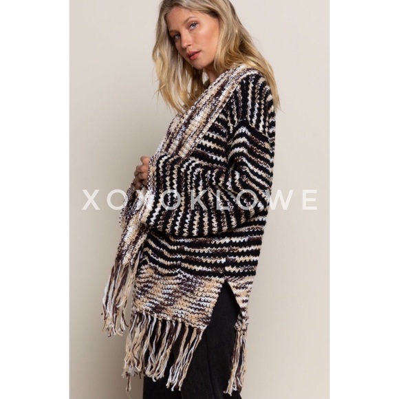 POL Brown & Tan Open Front Cardigan Tassel Fringe Relaxed Fit - Picture 8 of 11